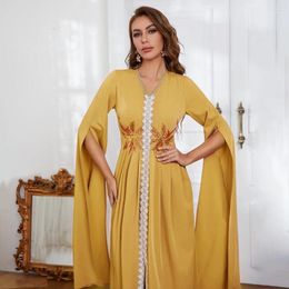 Ethnic Clothing Women Dress Eid Muslim Dresses Flare Sleeve V Neck Dubai Abayas Embroidery Party Long Robe Patchwork Kaftan Arab Vestidos