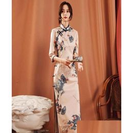 Ethnic Clothing Traditional Chinese Women Flower Cheongsam Vintage Print Split Evening Party Dress Y Ladies Robe Gown Elegant Qipao Ve Ot6Nm