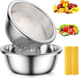 Bowls (2PC) 304-Stainless-Steel Colander With Mixing Microporous For Washing & Draining Rice Fruit Vegetables