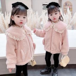 Jackets Winter Girls' Coat 2024 Plush Thickened Children's Lace Collar Wool For Middle And Young Clothes
