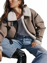 women Y2K Faux Fur Patchwork Short Coat Lg Sleeve Zip Up Fleece Cropped Jacket 2023 Autumn Winter Fi Female Outwears U50S#