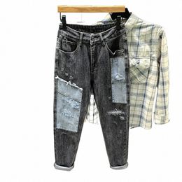 patchwork Jeans Men Mixed Color Ripped Hole Jeans Pants Simple American Slim Fi Stretch Persality Denim Trousers F798#