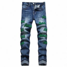 blue Distred Letter Embroidered Jeans Men Small Leg Elastic Mid Waist Denim Pants Streetwear Hip Hop Blue Jeans Trousers d6me#