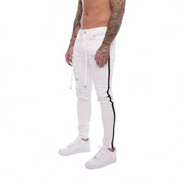 men's Ripped White Jeans Casual Slim Denim Trousers Side-Stripe Skinny Pencil Pants Biker Stretch Jeans Fi Men Clothing X1Uz#