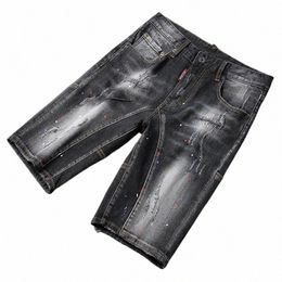 summer Trends Fi Men Jeans Retro Black Gray Spliced Elastic Ripped Short Jeans Painted Designer Hip Hop Denim Shorts Men V4lE#