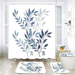 Shower Curtains Simple Leaves Print Curtain Bath Waterproof Polyester Plants Mat Set Room Decorative Carpet Toilet Rugs