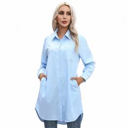 lg Shirt Women 2023 Vintage Pocket Shirts &Blouses Oversized Lg Sleeve Blouse Fi Women's Clothing Butt Up Womens Tops i7QG#