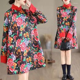 Casual Dresses Chinese Style Northeast Big Flower Dress Women Qipao 2024 Spring And Autumn Improved Medium Length Cheongsam K174