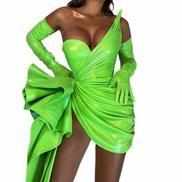 glossy Green Leather Short Prom Dres without Gloves Sexy Mini Length Ruffled Leather Formal Party Dr Event Gown Custom x4kZ#