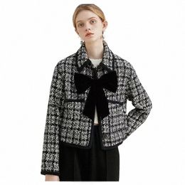 beenle Tweed Jacket Women's Spring 2023 New Woolen Suit Black Lapel Short Jacket Retro Style Bow Jacket Top Coat K8ZD#