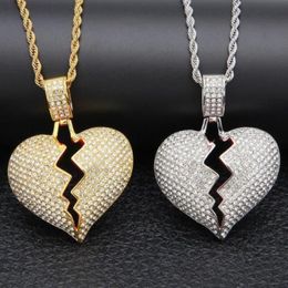 Broken Heart Iced out Pendant Necklace Men's Bling Crystal rhinestone Love charm Gold Silver ed chain For women Hip hop 309m