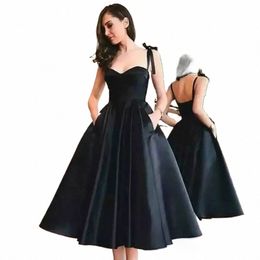 black Short Cocktail Dres 2021 Spaghetti Straps Sweetheart Neck Formal Party Backl Prom Gowns Satin robe Evening Dres 08pe#