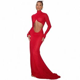 cryptographic Elegant Red Cut Out Maxi Dr for Women Party Club Outfits Lg Sleeve Ruched Sexy Backl Gown Birthday Dres 89wU#