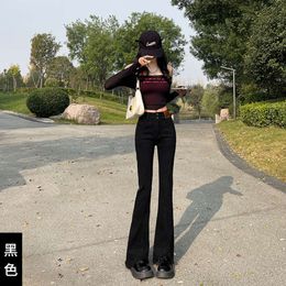 Micro flared jeans for womens spring wear new elastic slim fit high waisted slit and short flared pants with rough edges
