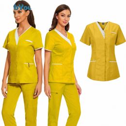 nursing Scrubs Uniform Women Medical Tops Short Sleeve Surgical Uniform Pet Shop Beauty Sal Work Uniform Blouse Costume Shirts 44vA#