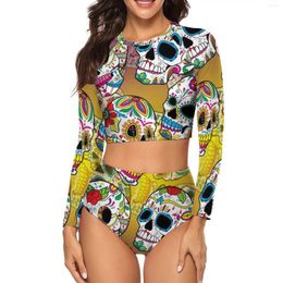 Women's Swimwear Skeleton Floral Print Bikini Swimsuit Sexy Sugar Skulls Long Sleeve Set Women 2 Piece Graphic Bath Bathing Suit