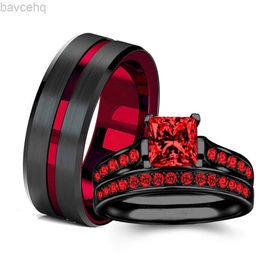Wedding Rings Charm Couple Rings Romantic Women Red Rhinestones CZ Rings Set Trendy Mens Stainless Steel Rings Wedding Jewellery For Lover Gift 24329