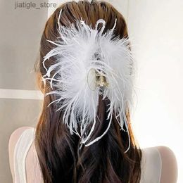 Hair Clips Large Black White Ostrich Feather Hair Clips For Women Winter Clamps Claw Shark Clip Pin Jewellery Korean Fashion Hair Accessories Y240329