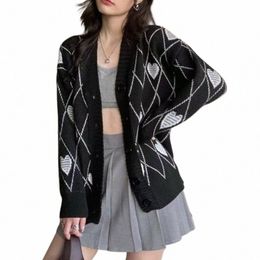 women Knitted Cardigan Argyle Heart Pattern Jacquard Sweater Lg Sleeve Love Style Coat 2021 Fall Winter Vintage Korean Tops p5yM#