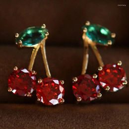 Stud Earrings Fashion Red Cherry Zircon For Women Small Exquisite Green Leaf Earring Banquet Valentine's Day Jewelry Gift