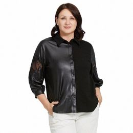 astrid Women's Shirt 2023 Lg Sleeve Cut Out Plus Size Pu Leather Top Woman Clothes Fi Stitching Design Female Tee Shirt i2wI#