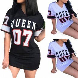 2023 New Fi V-Neck Queen Letters Print Dr Short Sleeve Basketball Sporty Style Sexy Loose Female Clothing Streetwear q446#