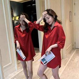 Women's Blouses Mini Shirt Dress Long Sleeve Button Up Casual Mid-length Lapel Solid For Spring