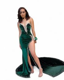 green Veet Strapl Lg Prom Dr For Black Girls 2023 Beaded Evening Gowns High Slit Formal Gown Robe De Bal Homecoming k87J#