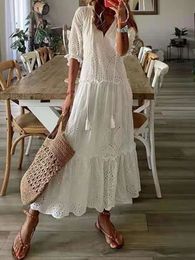 Foridol Casual Hollow Out V Neck White Lace Maxi Dress Vintage Aline Loose Embrioderied Floral Print Bohemian Long Sundress 240327