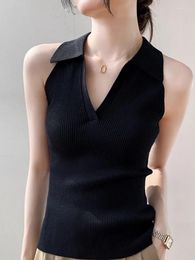 Women's Tanks 2024 Summer Polo Neck Sleeveless Black Slim Fit Short Top With Hanging Tank