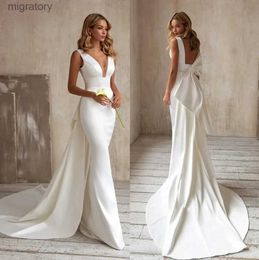 Urban Sexy Dresses Mermaid Wedding Dress 2024 Detachable Train Bow V-Neck Elegant White Ivory Boho Simple Bridal Gown Sleevesless Vestidos De Novia yq240329