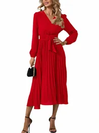 european and American Plus Size Sexy V-Neck Pleated Party Dr Women Elegant with Belt Lg Sleeve Robe Femme Red Maxi Vestido k7XF#