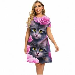 funny Cats 3D Print Women Dr Sweet Casual Party Short Sleeve A-Line Dr Summer Plus Size Loose Dres Fi Clothing 6XL A9vU#