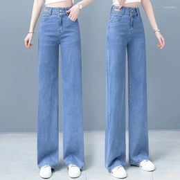Women's Jeans Summer Imitation Silk Thin Ladies Loose Wide-Leg Pants High Waist Slim Straight Elasticity Full Pan