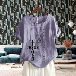 Women's T Shirts Lady's Shirt Clothing Round Neck Printed Loose Cotton Linen Short Sleeve Cross Pattern Fashion Pullover Top For Summer