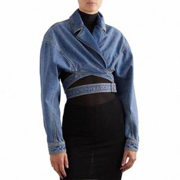 getspring Women Denim Jacket 2024 Spring New Cross folded Hollow Out Lace Up Blue Jean Coat Vintage All Match Short Denim Tops g8Gj#