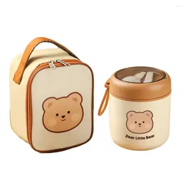 Dinnerware Stainless Steel Lunch Bento Box With Foldable Spoon Handle Cute Bear Leakproof Container Thermal Cup For Or Cold