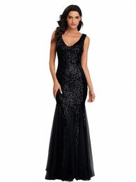 sequin Spliced Mesh Mermaid Plus Size Evening Gown Double V Neck Sleevel Hot Selling Bridesmaid Stretch Dr Prom Gown X8Zi#