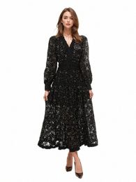 lgrq Fi Hollow Out Embroidery Spliced Dr Lantern Black Big Swing Dres Women Lace Party Evening Dr Spring 2024 New u556#