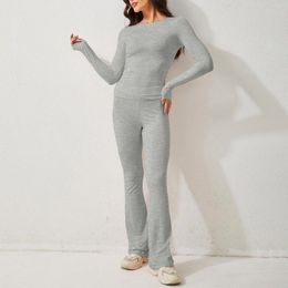 Women's Two Piece Pants 2 Outfit Long Sleeve Crew Neck Crop Top And Low Waist Flare Set Yoga Basic Tracksuit Casual Homewear