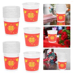Disposable Cups Straws Chinese Wedding Water Glass Style Paper Cup Thicken Festive Tableware Festival Party Supply Coffee Plastic For