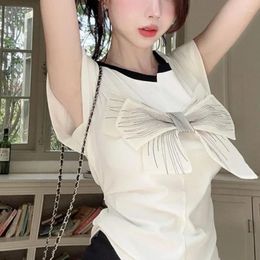 Women's T Shirts Simple And Casual Round Neck Cotton Pullover Summer Short Sleeved Bow Fashion Commuting Slim Fitting T-shirt Top