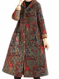 Frauen Mid-Länge Fleece und verdicken Kapuzenkleidung Vintage ethnischen Stil FR warme LG-Ärmel Einreiher Cott Jacke T29i #