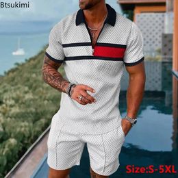 2024 Mens Summer Suit Sets 3D Printing Zipper Polo Shirt Shorts Two Piece Set Soft Fashion Casual Men Clothing Tracksuit 240320