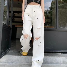 Women's Jeans Graphic Female Denim Pants With Print Star Pattern Holes Torn High Waist S Straight Leg Ripped Trousers Pockets