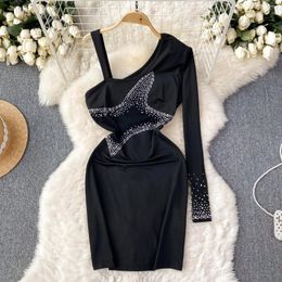 Casual Dresses Foamlina Women Spring Summer Bodycon Dress Sexy Rhinestone Decoration One Shoulder Strap Long Sleeve Slim Stretch Party