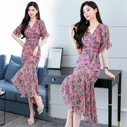 Work Dresses Women Two Pieces Mermaid Dress Suits 2024 Summer Short Sleeve Floral Tops Long Skirt Lady 2