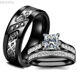 Wedding Rings Fashion Couple Rings Womens White Rhinestones Zircon Ring Sets Mens Stainless Steel Celtic Dragon Rings Wedding Band Jewelry 24329