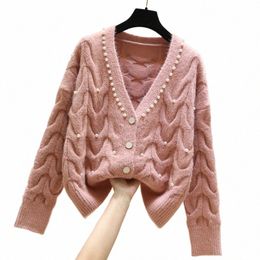 2023 new fi all-match knitted outer wear sweater Sweet beaded V-neck knitted cardigan women's spring m2dq#