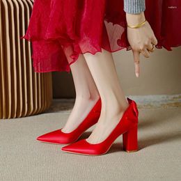 Dress Shoes Size 31-44 Pointed Toe Back Bow Chunky Heel High-heeled Women Satin Red White Wedding